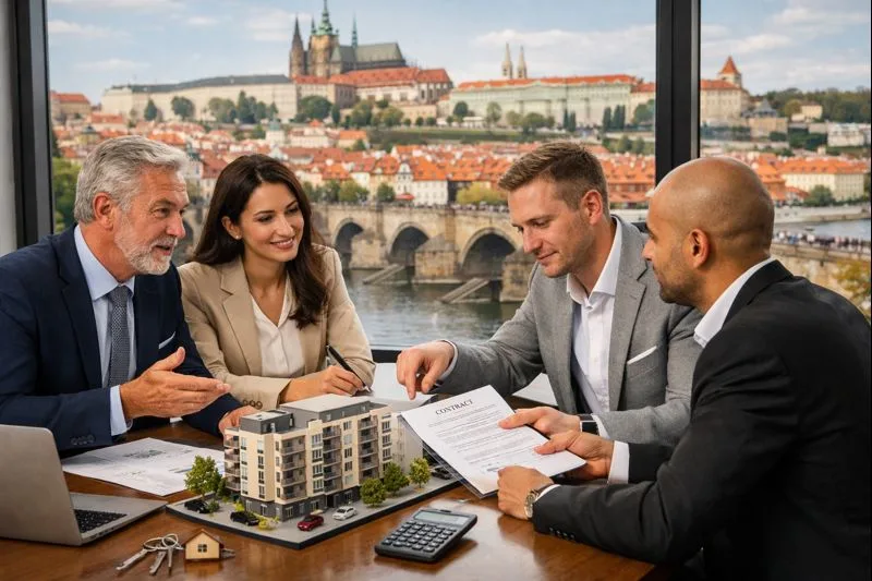 Jednání o smlouvě u stolu s modelem bytového domu a klíči, v pozadí panorama Prahy