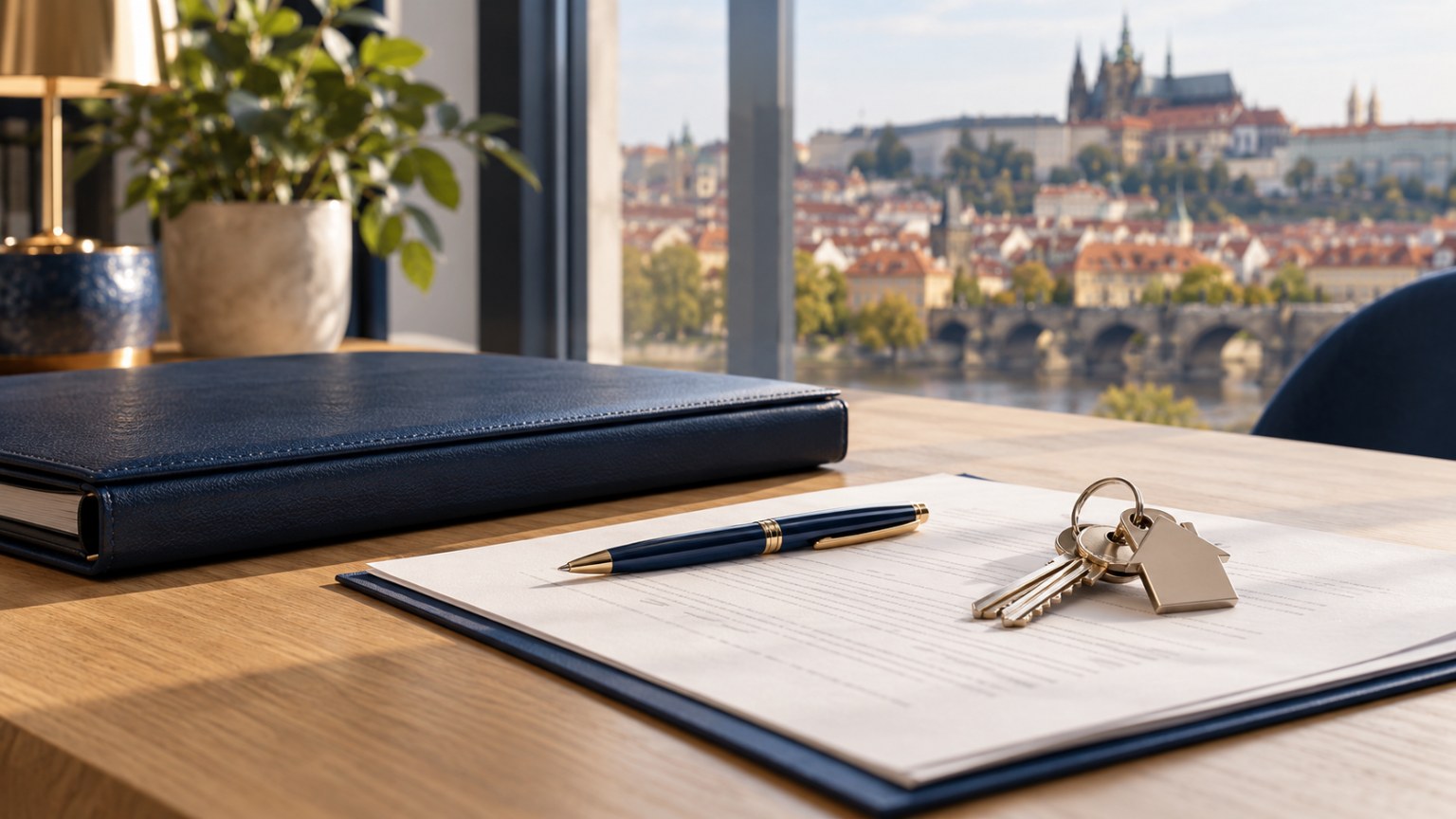 Kaufvertrag, Wohnungsschlüssel und dunkelblaue Mappe auf einem Holztisch, im Hintergrund die Prager Burg