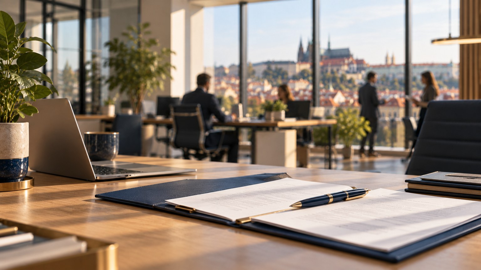 Arbeitsvertrag und Laptop auf einem Schreibtisch in einem hellen Prager Büro mit Blick auf die Prager Burg