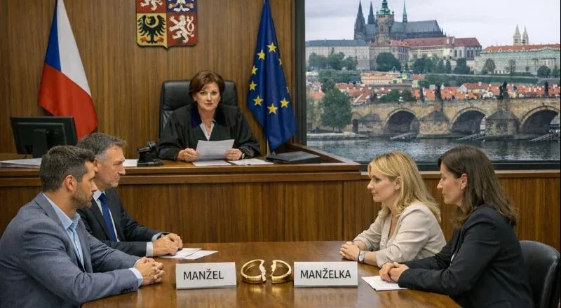 Rozvodové jednání u českého soudu – soudkyně pod státním znakem, manžel a manželka se svými advokáty, mezi nimi rozlomený snubní prsten