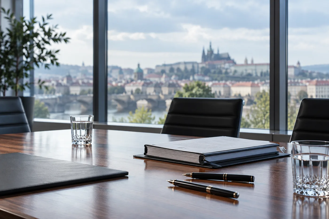 Boardroom table with a signed contract and fountain pens, Prague skyline in the background