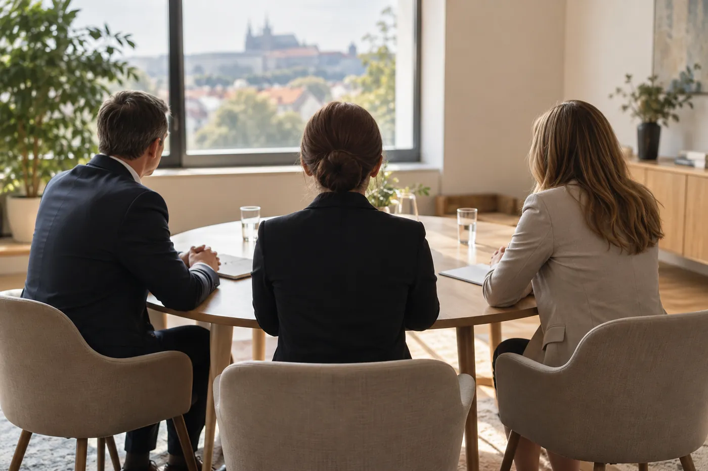 Mediationsgespräch am runden Tisch — zwei Parteien und eine Mediatorin, im Fenster die Prager Burg