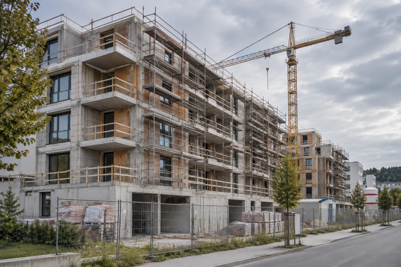 Rozestavěný bytový dům s lešením a jeřábem, pohled z ulice