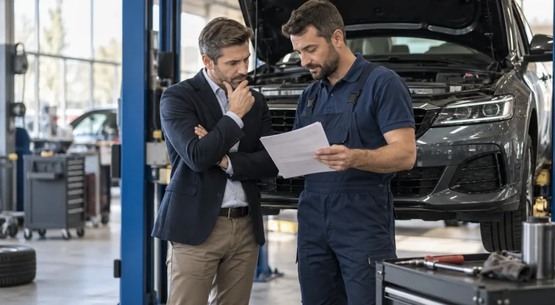 Technik a klient v autoservisu nad protokolem o prohlídce vozidla