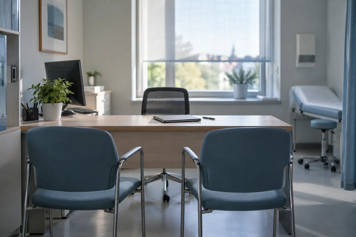 An empty hospital consultation room with a desk and two chairs